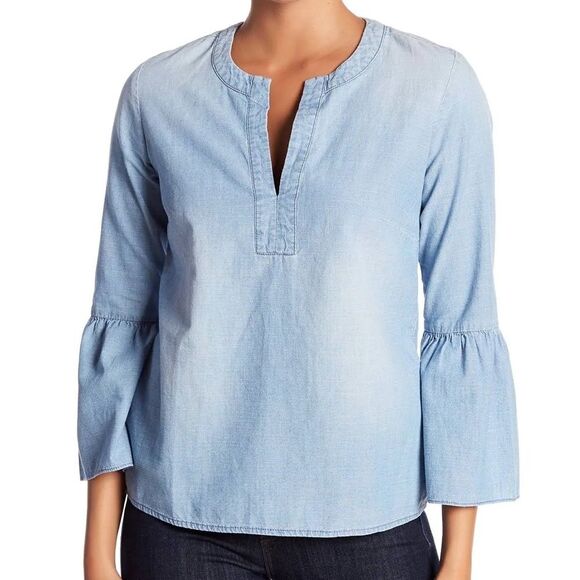 J. Crew Top Chambray Split Neck Long Bell Sleeve Blouse Size XS - Picture 1 of 10